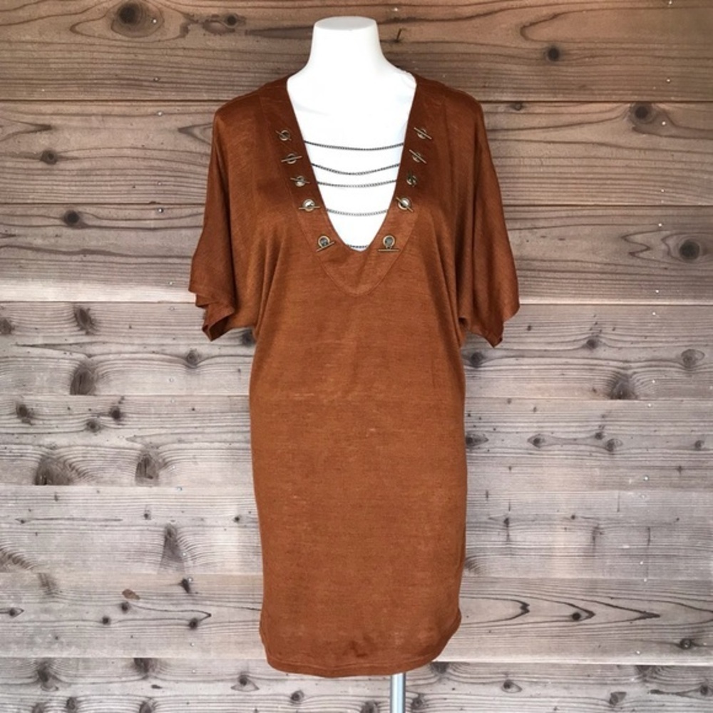 Karlie Burnt Orange Brass Chain V-Neck Sweater Tunic Small